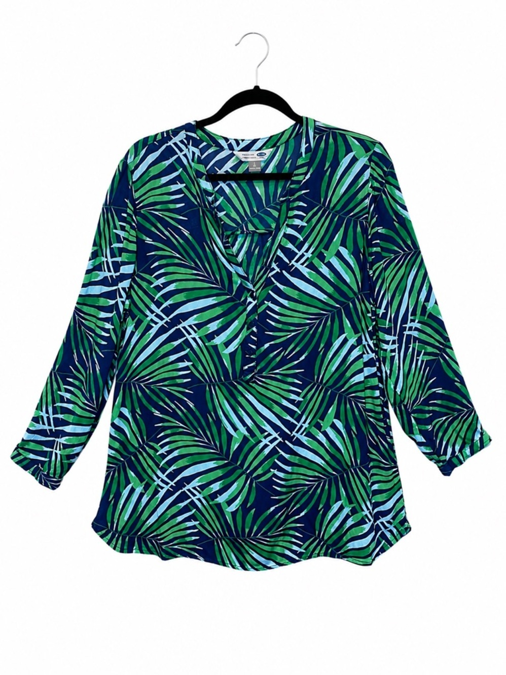 Old Navy The Tunic Blouse Top Royal Blue And Green Palm Leaf Print Tunic Sz L